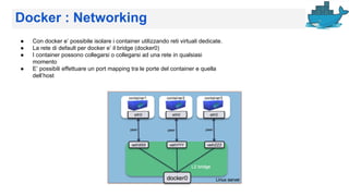 Docker : Networking
● Con docker e’ possibile isolare i container utilizzando reti virtuali dedicate.
● La rete di default per docker e’ il bridge (docker0)
● I container possono collegarsi o collegarsi ad una rete in qualsiasi
momento
● E’ possibili effettuare un port mapping tra le porte del container e quella
dell’host
 