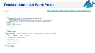 Docker compose WordPress
version: '2'
services:
wordpress:
image: wordpress:latest # https://hub.docker.com/_/wordpress/
ports:
- 127.0.0.1:80:80 # change ip if required
volumes:
- ./config/php.conf.uploads.ini:/usr/local/etc/php/conf.d/uploads.ini
- ./wp-app:/var/www/html # Full wordpress project
#- ./plugin-name/trunk/:/var/www/html/wp-content/plugins/plugin-name # Plugin development
#- ./theme-name/trunk/:/var/www/html/wp-content/themes/theme-name # Theme development
environment:
WORDPRESS_DB_HOST: db
WORDPRESS_DB_NAME: wordpress
WORDPRESS_DB_USER: root
WORDPRESS_DB_PASSWORD: password
depends_on:
- db
networks:
- wordpress-network
db:
image: mysql:latest # https://hub.docker.com/_/mysql/ - or mariadb https://hub.docker.com/_/mariadb
ports:
- 127.0.0.1:3306:3306 # change ip if required
volumes:
- ./wp-data:/docker-entrypoint-initdb.d
environment:
MYSQL_DATABASE: wordpress
MYSQL_ROOT_PASSWORD: password
networks:
- wordpress-network
networks:
wordpress-network:
driver: bridge
https://github.com/nezhar/wordpress-docker-compose
 