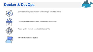 Docker & DevOps
Con i container posso ricreare l’ambiente per la build e di test
Con i container posso ricreare l’ambiente di produzione
Posso gestire in modo semplice i microservizi
Infrastruttura Come Codice
 