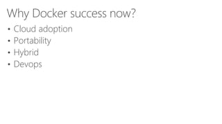 Why Docker success now?
• Cloud adoption
• Portability
• Hybrid
• Devops
 