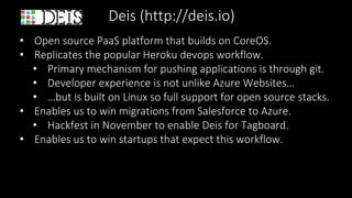 Deis (http://deis.io)
• Open source PaaS platform that builds on CoreOS.
• Replicates the popular Heroku devops workflow.
• Primary mechanism for pushing applications is through git.
• Developer experience is not unlike Azure Websites…
• …but is built on Linux so full support for open source stacks.
• Enables us to win migrations from Salesforce to Azure.
• Hackfest in November to enable Deis for Tagboard.
• Enables us to win startups that expect this workflow.
 