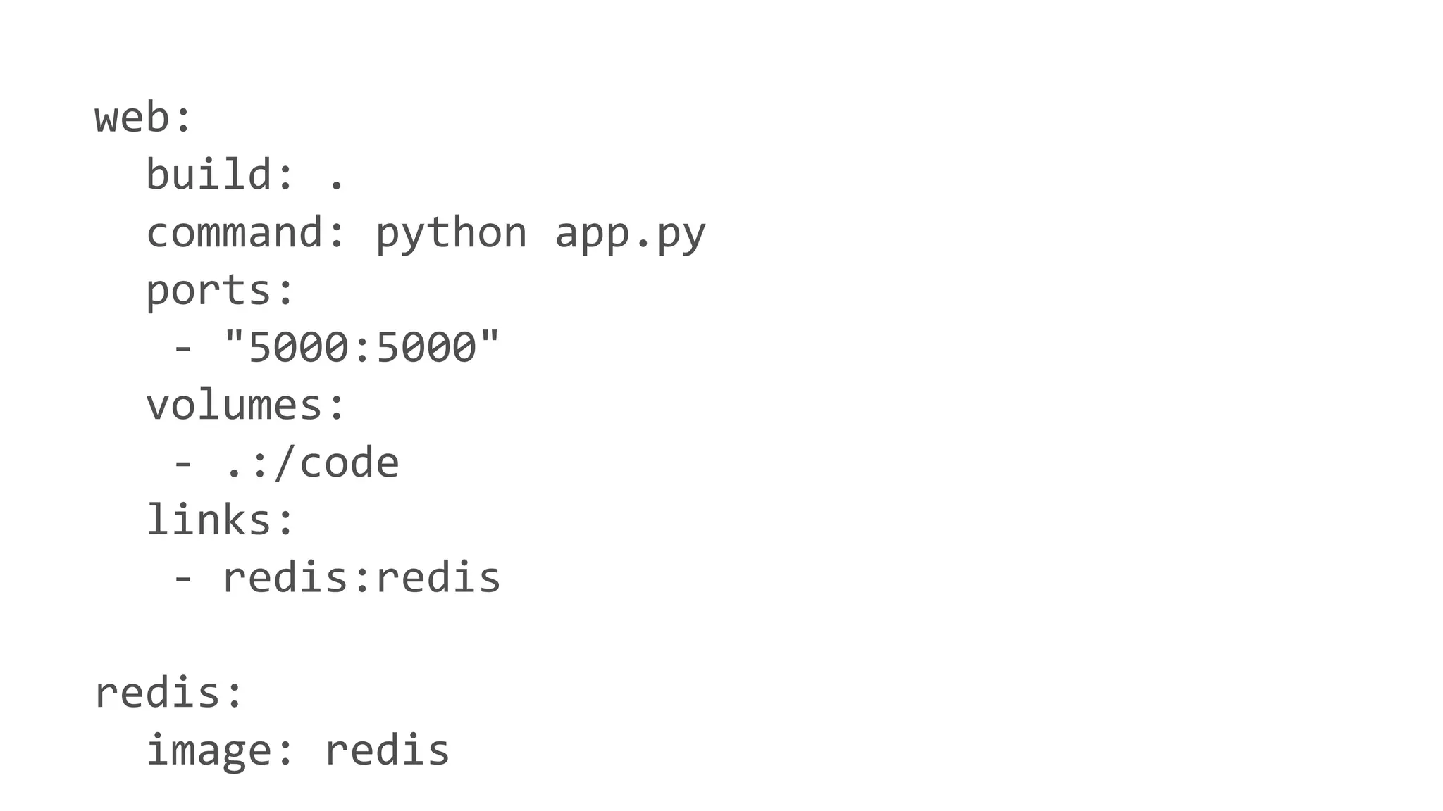 web:
build: .
command: python app.py
ports:
- "5000:5000"
volumes:
- .:/code
links:
- redis:redis
redis:
image: redis
 