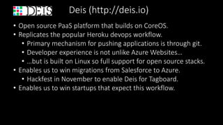 tpark:api$ deis logs
• Deis automatically rolls and consolidates logs from all
containers.
 