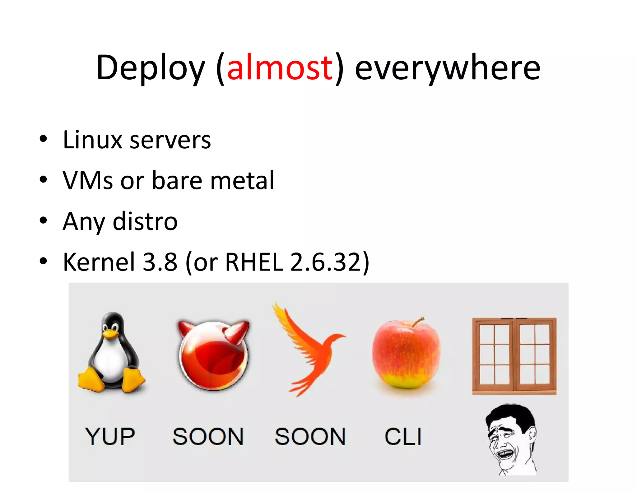 Deploy (almost) everywhere
&bull; Linux servers
&bull; VMs or bare metal
&bull; Any distro
&bull; Kernel 3.8 (or RHEL 2.6.32)
 