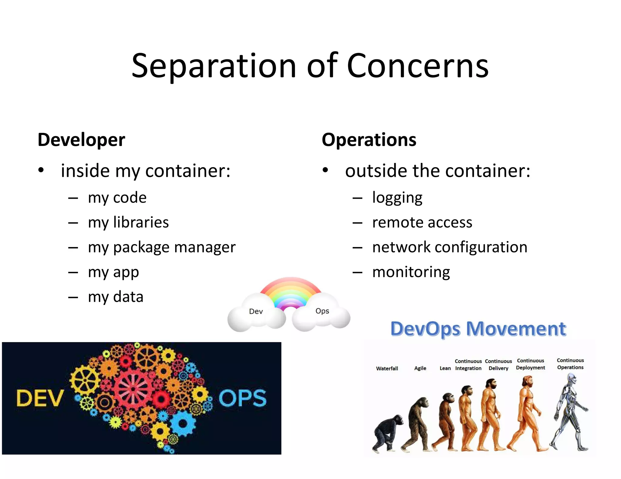 Separation of Concerns
Developer
&bull; inside my container:
&ndash; my code
&ndash; my libraries
&ndash; my package manager
&ndash; my app
&ndash; my data
Operations
&bull; outside the container:
&ndash; logging
&ndash; remote access
&ndash; network configuration
&ndash; monitoring
 