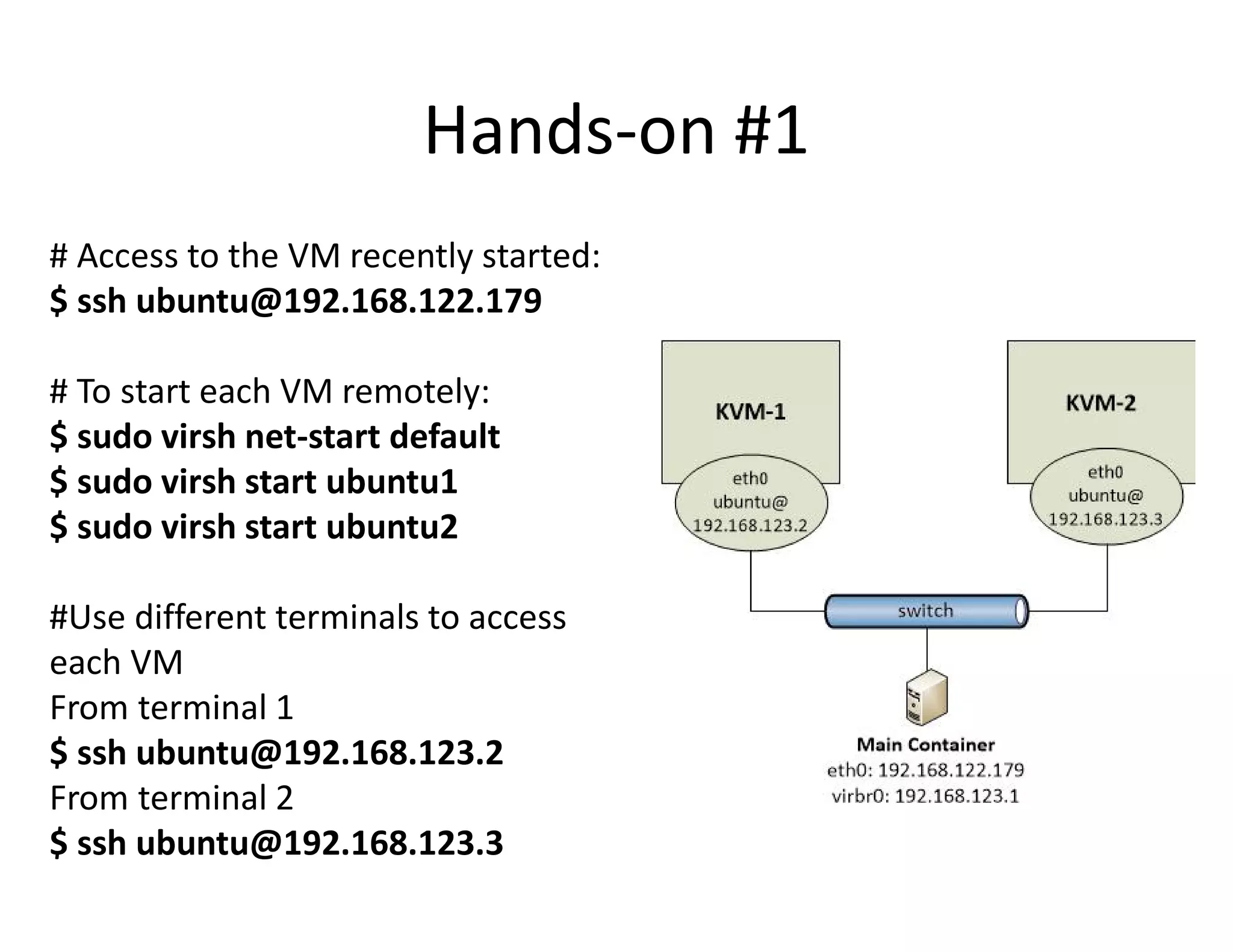 Hands-on #1
# Access to the VM recently started:
$ ssh ubuntu@192.168.122.179
# To start each VM remotely:
$ sudo virsh net-start default
$ sudo virsh start ubuntu1
$ sudo virsh start ubuntu2
#Use different terminals to access
each VM
From terminal 1
$ ssh ubuntu@192.168.123.2
From terminal 2
$ ssh ubuntu@192.168.123.3
 