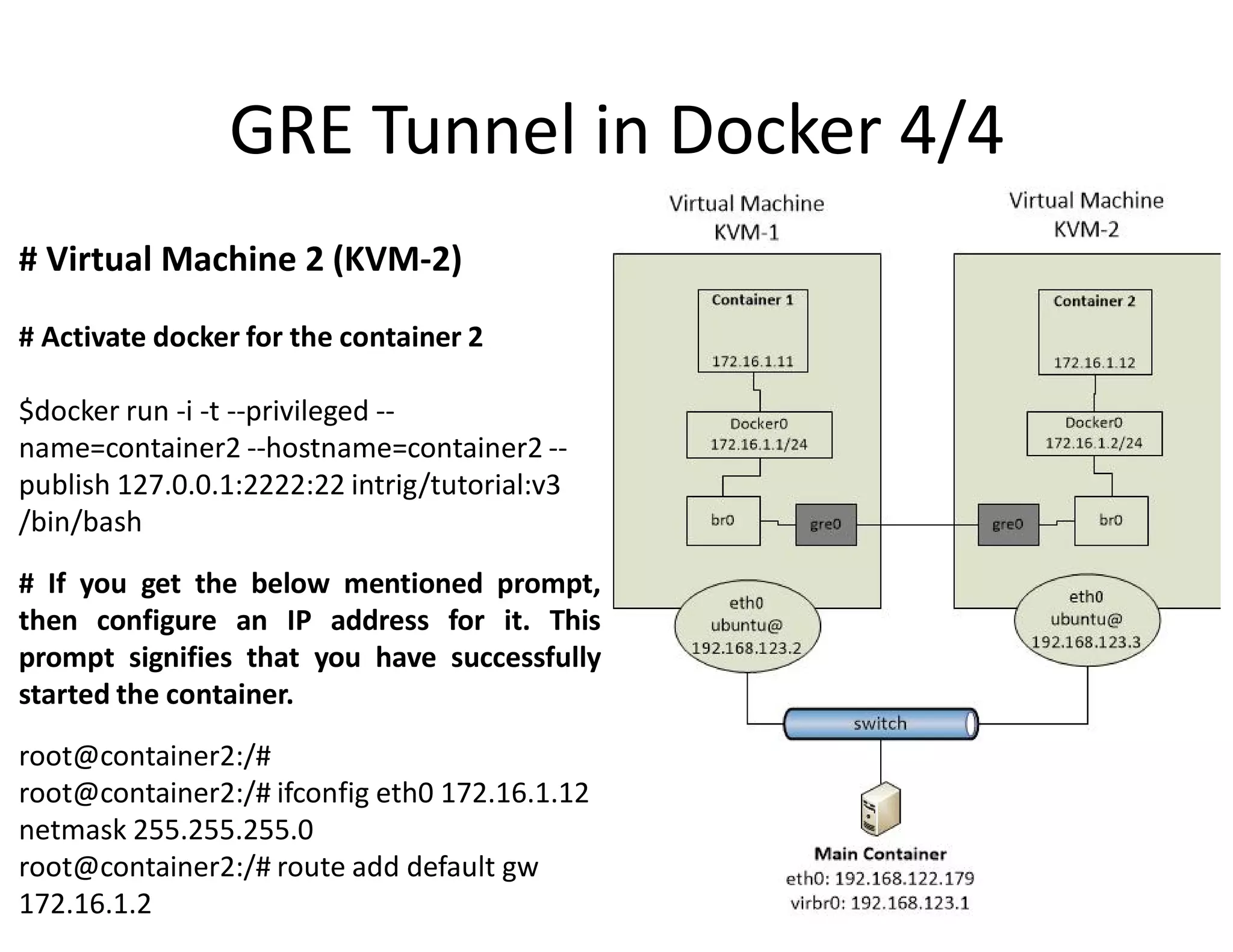 GRE Tunnel in Docker 4/4
# Virtual Machine 2 (KVM-2)
# Activate docker for the container 2
$docker run -i -t --privileged --
name=container2 --hostname=container2 --
publish 127.0.0.1:2222:22 intrig/tutorial:v3
/bin/bash
# If you get the below mentioned prompt,
then configure an IP address for it. This
prompt signifies that you have successfully
started the container.
root@container2:/#
root@container2:/# ifconfig eth0 172.16.1.12
netmask 255.255.255.0
root@container2:/# route add default gw
172.16.1.2
 