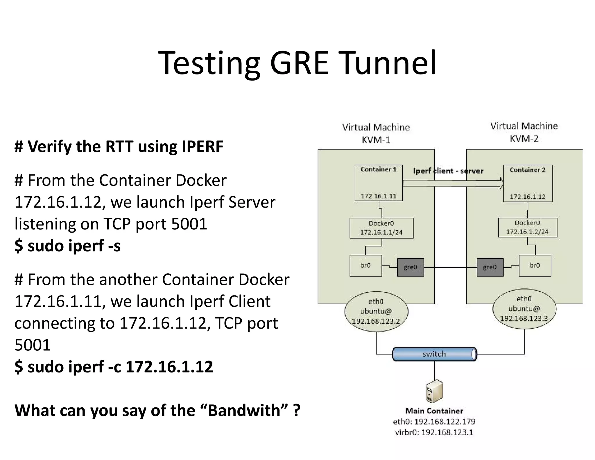 Testing GRE Tunnel
# Verify the RTT using IPERF
# From the Container Docker
172.16.1.12, we launch Iperf Server
listening on TCP port 5001
$ sudo iperf -s
# From the another Container Docker
172.16.1.11, we launch Iperf Client
connecting to 172.16.1.12, TCP port
5001
$ sudo iperf -c 172.16.1.12
What can you say of the &ldquo;Bandwith&rdquo; ?
 