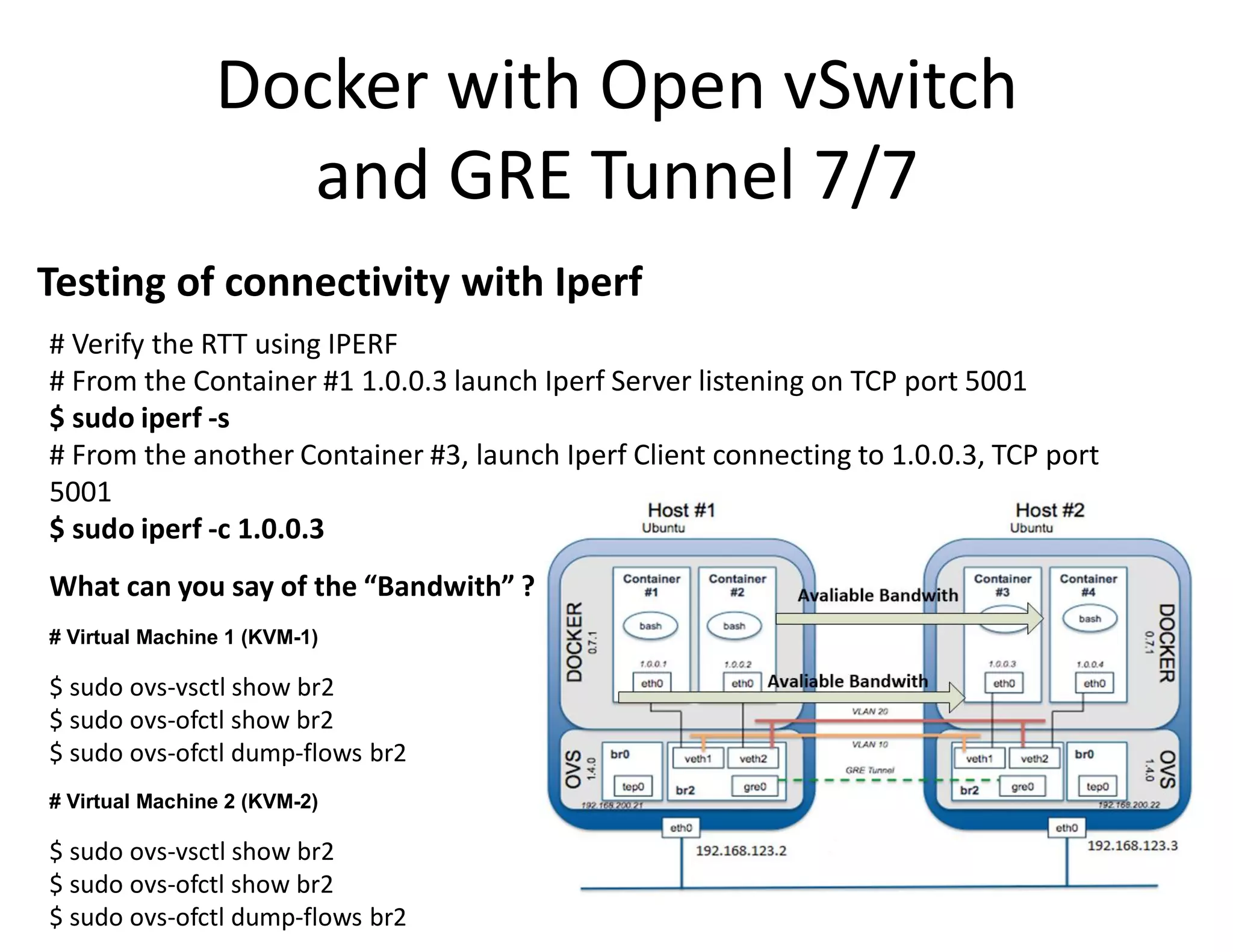 Docker with Open vSwitch
and GRE Tunnel 7/7
Testing of connectivity with Iperf
# Verify the RTT using IPERF
# From the Container #1 1.0.0.3 launch Iperf Server listening on TCP port 5001
$ sudo iperf -s
# From the another Container #3, launch Iperf Client connecting to 1.0.0.3, TCP port
5001
$ sudo iperf -c 1.0.0.3
What can you say of the &ldquo;Bandwith&rdquo; ?
# Virtual Machine 1 (KVM-1)
$ sudo ovs-vsctl show br2
$ sudo ovs-ofctl show br2
$ sudo ovs-ofctl dump-flows br2
# Virtual Machine 2 (KVM-2)
$ sudo ovs-vsctl show br2
$ sudo ovs-ofctl show br2
$ sudo ovs-ofctl dump-flows br2
 