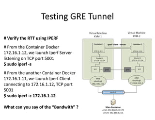 Testing GRE Tunnel
# Verify the RTT using IPERF
# From the Container Docker
172.16.1.12, we launch Iperf Server
listening on TCP port 5001
$ sudo iperf -s
# From the another Container Docker
172.16.1.11, we launch Iperf Client
connecting to 172.16.1.12, TCP port
5001
$ sudo iperf -c 172.16.1.12
What can you say of the “Bandwith” ?
 