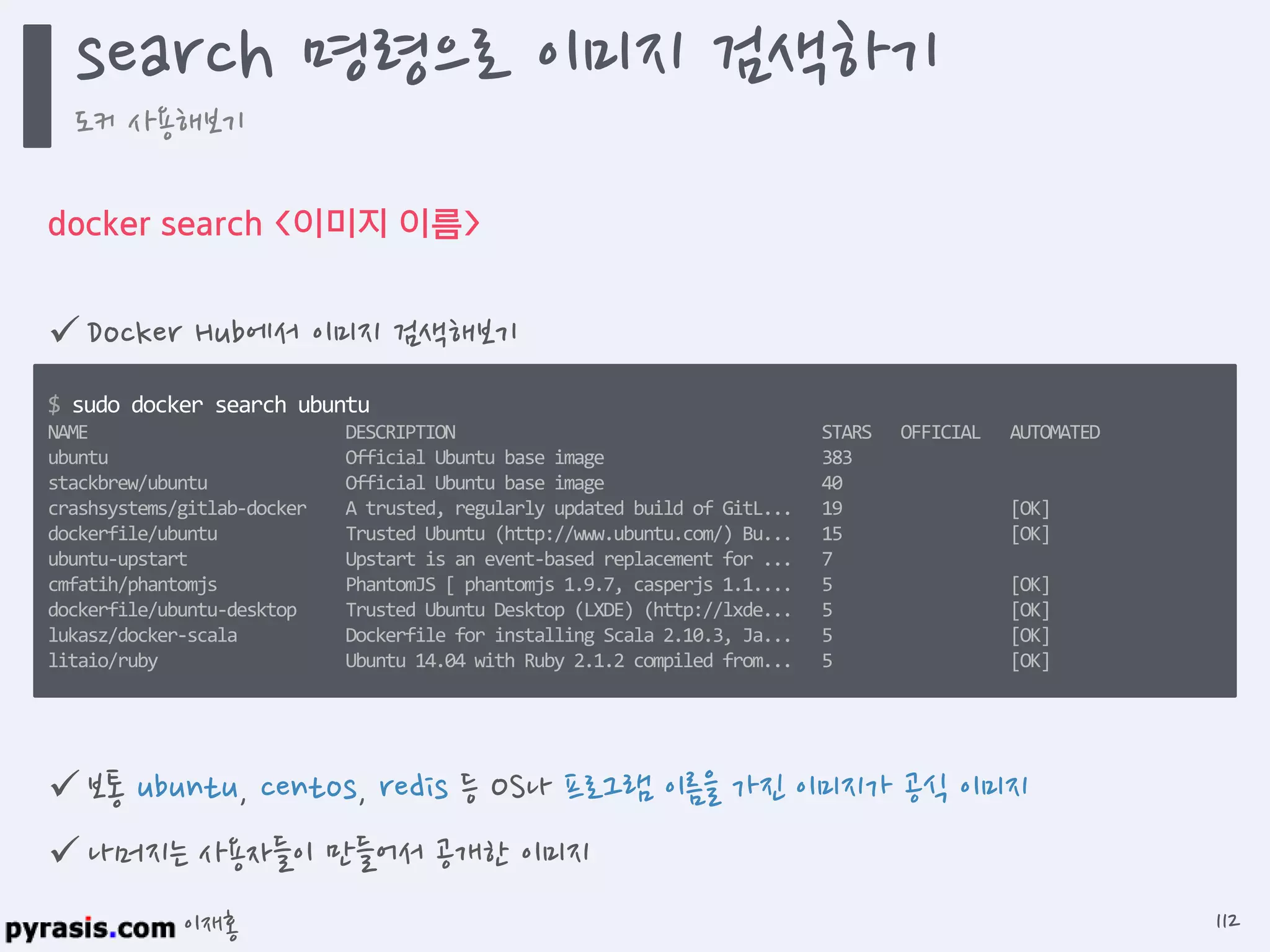 이재홍
docker search <이미지 이름>
$ sudo docker search ubuntu
NAME DESCRIPTION STARS OFFICIAL AUTOMATED
ubuntu Official Ubuntu base image 383
stackbrew/ubuntu Official Ubuntu base image 40
crashsystems/gitlab-docker A trusted, regularly updated build of GitL... 19 [OK]
dockerfile/ubuntu Trusted Ubuntu (http://www.ubuntu.com/) Bu... 15 [OK]
ubuntu-upstart Upstart is an event-based replacement for ... 7
cmfatih/phantomjs PhantomJS [ phantomjs 1.9.7, casperjs 1.1.... 5 [OK]
dockerfile/ubuntu-desktop Trusted Ubuntu Desktop (LXDE) (http://lxde... 5 [OK]
lukasz/docker-scala Dockerfile for installing Scala 2.10.3, Ja... 5 [OK]
litaio/ruby Ubuntu 14.04 with Ruby 2.1.2 compiled from... 5 [OK]
 Docker Hub에서 이미지 검색해보기
 보통 ubuntu, centos, redis 등 OS나 프로그램 이름을 가진 이미지가 공식 이미지
 나머지는 사용자들이 만들어서 공개한 이미지
search 명령으로 이미지 검색하기
도커 사용해보기
112
 