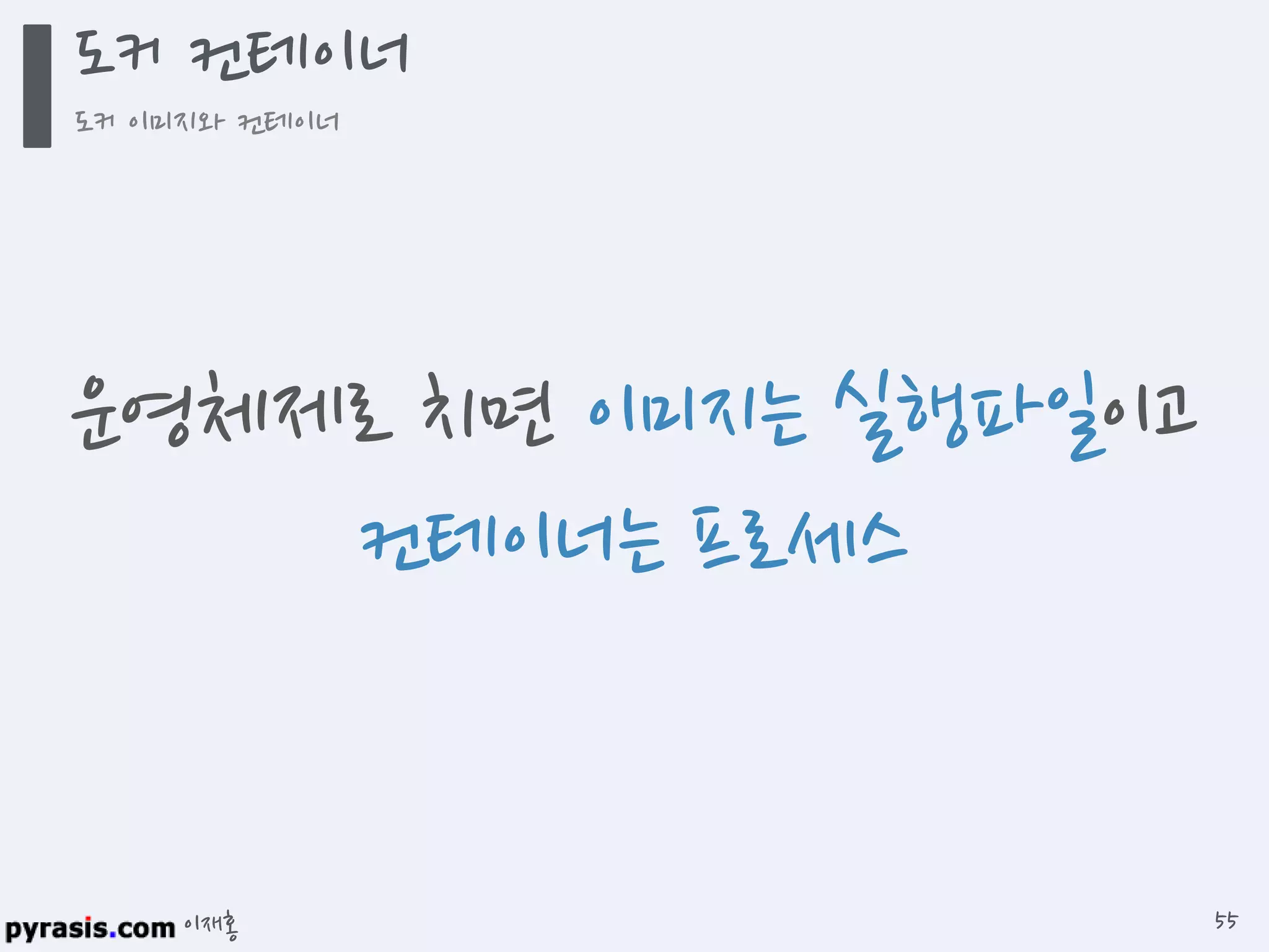 이재홍
도커 컨테이너
도커 이미지와 컨테이너
55
운영체제로 치면 이미지는 실행파일이고
컨테이너는 프로세스
 