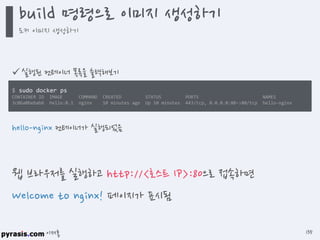 이재홍
 실행된 컨테이너 목록을 출력해보기
$ sudo docker ps
CONTAINER ID IMAGE COMMAND CREATED STATUS PORTS NAMES
3c06a0bebab6 hello:0.1 nginx 10 minutes ago Up 10 minutes 443/tcp, 0.0.0.0:80->80/tcp hello-nginx
hello-nginx 컨테이너가 실행되었음
웹 브라우저를 실행하고 http://<호스트 IP>:80으로 접속하면
Welcome to nginx! 페이지가 표시됨
build 명령으로 이미지 생성하기
도커 이미지 생성하기
135
 