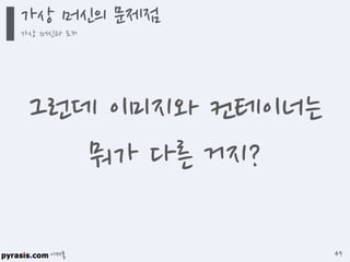 이재홍
그런데 이미지와 컨테이너는
뭐가 다른 거지?
가상 머신의 문제점
가상 머신과 도커
49
 