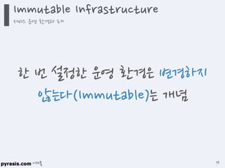 이재홍
Immutable Infrastructure
서비스 운영 환경과 도커
73
한 번 설정한 운영 환경은
변경하지 않는다(Immutable)는 개념
 