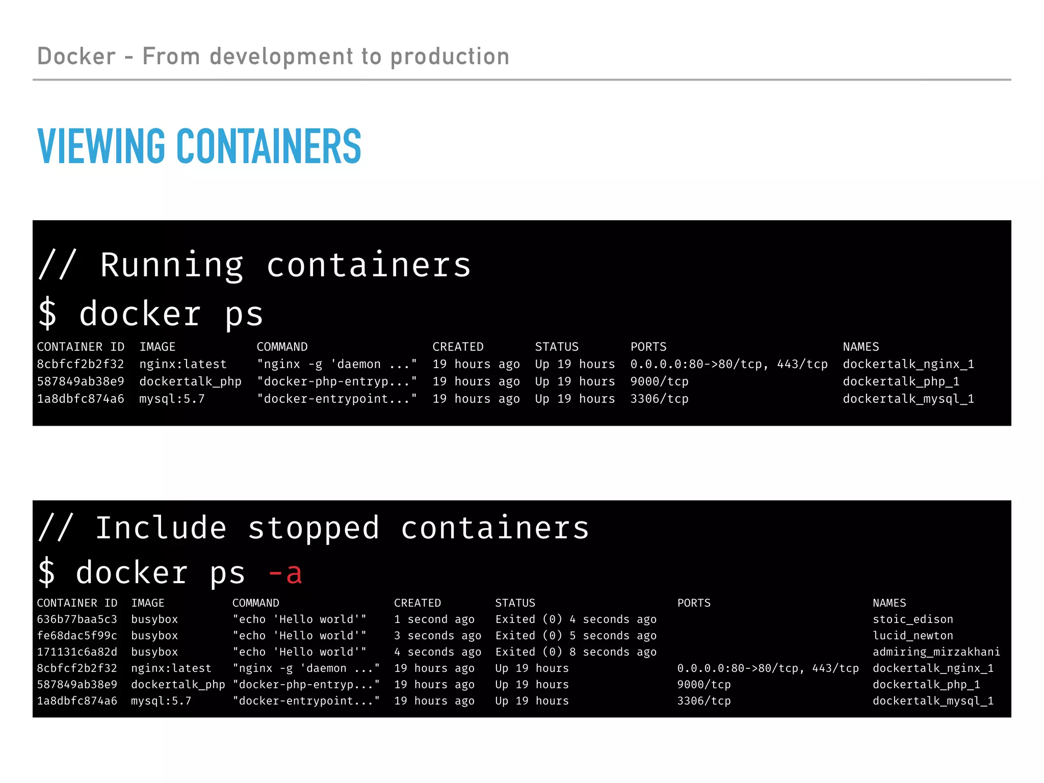 // Include stopped containers
$ docker ps -a
CONTAINER ID IMAGE COMMAND CREATED STATUS PORTS NAMES
636b77baa5c3 busybox "echo 'Hello world'" 1 second ago Exited (0) 4 seconds ago stoic_edison
fe68dac5f99c busybox "echo 'Hello world'" 3 seconds ago Exited (0) 5 seconds ago lucid_newton
171131c6a82d busybox "echo 'Hello world'" 4 seconds ago Exited (0) 8 seconds ago admiring_mirzakhani
8cbfcf2b2f32 nginx:latest "nginx -g 'daemon ..." 19 hours ago Up 19 hours 0.0.0.0:80->80/tcp, 443/tcp dockertalk_nginx_1
587849ab38e9 dockertalk_php "docker-php-entryp..." 19 hours ago Up 19 hours 9000/tcp dockertalk_php_1
1a8dbfc874a6 mysql:5.7 "docker-entrypoint..." 19 hours ago Up 19 hours 3306/tcp dockertalk_mysql_1
Docker - From development to production
VIEWING CONTAINERS
// Running containers
$ docker ps
CONTAINER ID IMAGE COMMAND CREATED STATUS PORTS NAMES
8cbfcf2b2f32 nginx:latest "nginx -g 'daemon ..." 19 hours ago Up 19 hours 0.0.0.0:80->80/tcp, 443/tcp dockertalk_nginx_1
587849ab38e9 dockertalk_php "docker-php-entryp..." 19 hours ago Up 19 hours 9000/tcp dockertalk_php_1
1a8dbfc874a6 mysql:5.7 "docker-entrypoint..." 19 hours ago Up 19 hours 3306/tcp dockertalk_mysql_1
 