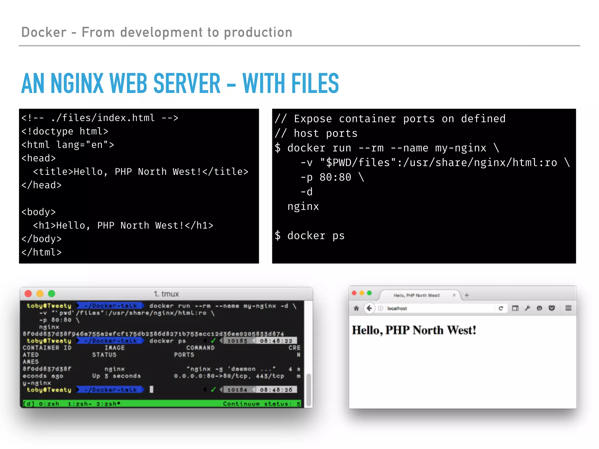 Docker - From development to production
AN NGINX WEB SERVER - WITH FILES
// Expose container ports on defined
// host ports
$ docker run --rm --name my-nginx 
-v "$PWD/files":/usr/share/nginx/html:ro 
-p 80:80 
-d
nginx
$ docker ps
<!-- ./files/index.html -->
<!doctype html>
<html lang="en">
<head>
<title>Hello, PHP North West!</title>
</head>
<body>
<h1>Hello, PHP North West!</h1>
</body>
</html>
 