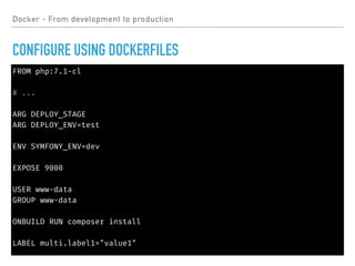 FROM php:7.1-cl
# ...
ARG DEPLOY_STAGE
ARG DEPLOY_ENV=test
ENV SYMFONY_ENV=dev
EXPOSE 9000
USER www-data
GROUP www-data
ONBUILD RUN composer install
LABEL multi.label1="value1"
Docker - From development to production
CONFIGURE USING DOCKERFILES
 