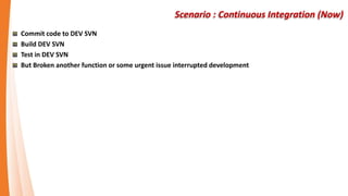 Scenario : Continuous Integration (Now)
Commit code to DEV SVN
Build DEV SVN
Test in DEV SVN
But Broken another function or some urgent issue interrupted development
 