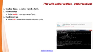 Play with Docker Toolbox - Docker terminal
1. Create a Docker container from Dockerfile
2. Build Instance
docker build -t <your username>/redis .
3. Run the service
docker run --name redis -d <your username>/redis
Docker terminal
 