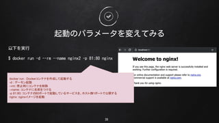 ӤΥѥ`䤨Ƥߤ
28
¤g
$ docker run -d --rm --name nginx2 -p 81:80 nginx
docker run : DockerƥʤɤӤ
-d : ǩ`
--rm: ֹͣr˥ƥʤ
--name: ƥʤǰĤ
-p 81:80: ƥʤ80ݩ`ȤӤƤ륵`ӥ򡢥ۥȤ81ݩ`Ȥǹ_
nginx: nginx`
 