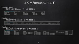 褯ʹDockerޥ
31
$ docker images
- Fڳ֤äƤDocker`_J
$ docker ps
- FڄӤƤdockerƥʤ_J
$ docker ps -a
- ֹͣƥʤ⺬ƥƥʤ_J
 