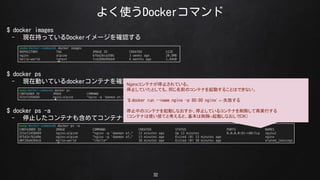 褯ʹDockerޥ
32
$ docker images
- Fڳ֤äƤDocker`_J
$ docker ps
- FڄӤƤdockerƥʤ_J
$ docker ps -a
- ֹͣƥʤ⺬ƥƥʤ_J
NginxƥʤֹͣƤ롣
ֹͣƤȤƤ⡢ͬǰΥƥʤӤ뤳ȤϤǤʤ
`$ docker run --name nginx -p 80:80 nginx` ʧ
ֹͣФΥƥʤӤʤֹͣƤ륳ƥʤٌgФ
ƥʤʹΤƤȿȡӤʤOK
 