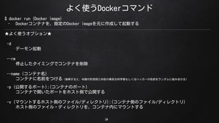 褯ʹDockerޥ
34
$ docker run {Docker image}
- DockerƥʤָDocker imageԪɤӤ
褯ʹץ
-d
ǩ`
--rm
ֹͣߥ󥰤ǥƥʤ
--name {ƥ}
ƥʤǰĤ루ʡԤȡ49~68ʿѧߤ⤷ϥϥå`ǰ˽MߺϤ룩
-p {_ݩ`}:{ƥʤΥݩ`}
ƥʤ_ݩ`ȤۥȂȤǹ_
-v {ޥȤۥȂȤΥե/ǥ쥯ȥ}:{ƥʂȤΥե/ǥ쥯ȥ}
ۥȂȤΥե?ǥ쥯ȥ򡢥ƥڤ˥ޥȤ
 