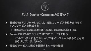 61
ʤ Docker-ComposeҪ
? Webץꥱ`ϡ}Υ`ӥMߺϤ碌
1ĤΥ`ӥ򘋳ɤ
 Database(Postgres,MySQL),Redis,Memcached,S3,Minio
? DockerǤ1ĤΥƥʤǤ1ĤΥ`ӥQ
 1ĤΥƥʤȫƤΥ`ӥ򥤥󥹥ȩ`뤹뤳Ȥ
뤱ɥѥ`
? }Υ`ӥΘɤĩ`εǈ
 