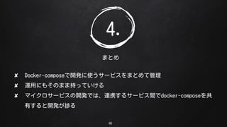 66
ޤȤ
4.
? Docker-compose_kʹ`ӥޤȤƹ
? \äˤ⤽Τޤ޳֤äƤ
? ޥ`ӥ_kǤϡBЯ륵`ӥgdocker-compose
Ф_kä
 