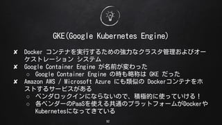 92
GKE(Google Kubernetes Engine)
? Docker ƥʤgФ뤿Ώʥ饹ӥ`
ȥ` ƥ
? Google Container Engine ǰä
 Google Container Engine ΕrԳƤ GKE ä
? Amazon AWS / Microsoft Azure ˤƤ Dockerƥʤ
Ȥ륵`ӥ
 ٥åˤʤʤΤǡeOĤʹäƤ룡
 ٥`PaaSʹ빲ͨΥץåȥե`बDocker
KubernetesˤʤäƤƤ
 