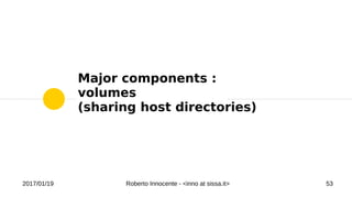 2017/01/19 Roberto Innocente - <inno at sissa.it> 53
Major components :
volumes
(sharing host directories)
 