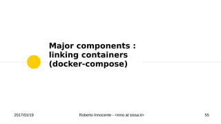 2017/01/19 Roberto Innocente - <inno at sissa.it> 55
Major components :
linking containers
(docker-compose)
 