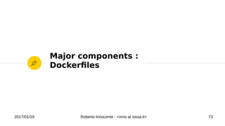 2017/01/19 Roberto Innocente - <inno at sissa.it> 73
Major components :
Dockerfles
 