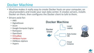 Docker	Machine
• Machine	makes	it	really	easy	to	create	Docker	hosts	on	your	computer,	on	
cloud	providers	and	inside	your	own	data	center.	It	creates	servers,	installs	
Docker	on	them,	then	configures	the	Docker	client	to	talk	to	them.
• Drivers	exist	for:
• AWS
• DigitalOcean
• Azure
• Google	Compute	Engine
• Rackspace
• OpenStack
• Virtualbox
• VMWare	Fusion
• VMWare	vSphere
• Hyperv
 