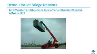 Demo: Docker Bridge Network
• http://docker-k8s-lab.readthedocs.io/en/latest/docker/bridged-
network.html
 