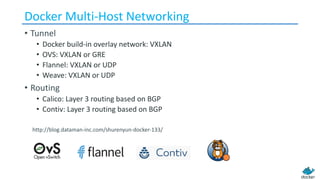 Docker Multi-Host Networking
• Tunnel
• Docker build-in overlay network: VXLAN
• OVS: VXLAN or GRE
• Flannel: VXLAN or UDP
• Weave: VXLAN or UDP
• Routing
• Calico: Layer 3 routing based on BGP
• Contiv: Layer 3 routing based on BGP
http://blog.dataman-inc.com/shurenyun-docker-133/
 