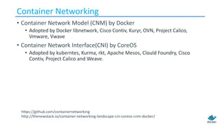 Container Networking
• Container Network Model (CNM) by Docker
• Adopted by Docker libnetwork, Cisco Contiv, Kuryr, OVN, Project Calico,
Vmware, Vwave
• Container Network Interface(CNI) by CoreOS
• Adopted by kuberntes, Kurma, rkt, Apache Mesos, Clould Foundry, Cisco
Contiv, Project Calico and Weave.
http://thenewstack.io/container-networking-landscape-cni-coreos-cnm-docker/
https://github.com/containernetworking
 