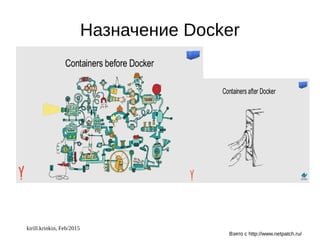 kirill.krinkin, Feb/2015
Назначение Docker
Взято с http://www.netpatch.ru/
 