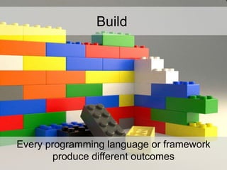 Build
Every programming language or framework
produce different outcomes
 