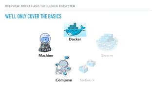 OVERVIEW: DOCKER AND THE DOCKER ECOSYSTEM
WE’LL ONLY COVER THE BASICS
Docker
Machine
Compose
Swarm
Network
 