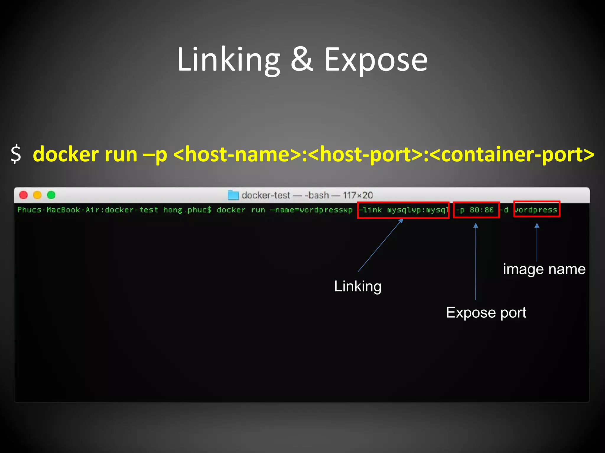 Linking & Expose
image name
Linking
Expose port
$ docker run –p <host-name>:<host-port>:<container-port>
 