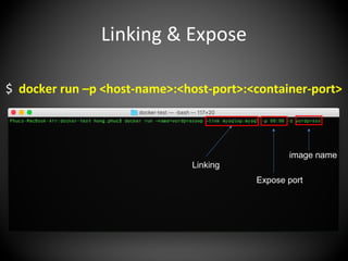 Linking & Expose
image name
Linking
Expose port
$ docker run –p <host-name>:<host-port>:<container-port>
 