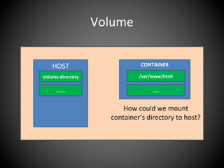 Volume
HOST
Volume directory
……..
CONTAINER
/var/www/html
……
How could we mount
container’s directory to host?
 