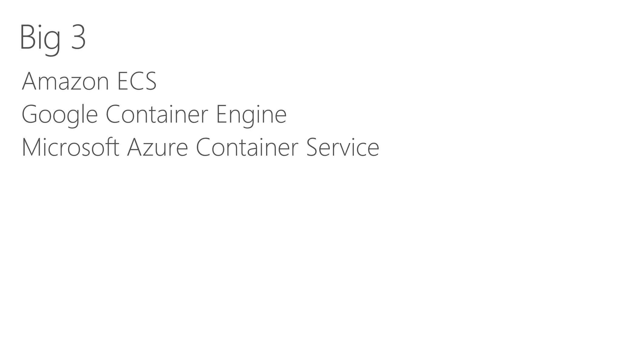 Big 3
Amazon ECS
Google Container Engine
Microsoft Azure Container Service
 