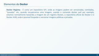 André Justi - andrejusti.com
Docker Registry - É como um repositório GIT, onde as imagens podem ser versionadas, comitadas,
“puxadas” etc, quando recuperamos uma imagem, usando o comando docker pull por exemplo,
estamos normalmente baixando a imagem de um registro Docker, o repositório oficial do Docker é o
Docker HUB, onde é possível hospedar e versionar imagens públicas e privadas.
Elementos do Docker
18
 