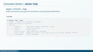 André Justi - andrejusti.com
Comandos Docker | docker help
21
docker <COMAND> --help
Exibe a forma de execução do comando e seus possíveis parâmetros
$ docker logs --help
> Usage: docker logs [OPTIONS] CONTAINER
> Fetch the logs of a container
> Options:
> --details Show extra details provided to logs
> -f, --follow Follow log output
> --help Print usage
> --since string Show logs since timestamp
> --tail string Number of lines to show from the end of the logs (default ""all"")
> -t, --timestamps Show timestamps
Exemplo
 