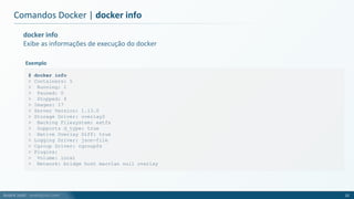 André Justi - andrejusti.com
Comandos Docker | docker info
22
docker info
Exibe as informações de execução do docker
$ docker info
> Containers: 5
> Running: 1
> Paused: 0
> Stopped: 4
> Images: 17
> Server Version: 1.13.0
> Storage Driver: overlay2
> Backing Filesystem: extfs
> Supports d_type: true
> Native Overlay Diff: true
> Logging Driver: json-file
> Cgroup Driver: cgroupfs
> Plugins:
> Volume: local
> Network: bridge host macvlan null overlay
Exemplo
 
