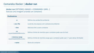 André Justi - andrejusti.com
docker run [OPTIONS] <IMAGE> <COMMAND> [ARG...]
Executa uma imagem (criando um container)
Parâmetros
-e Define uma variável de ambiente
--env-file Local de uma arquivo com variáveis de ambiente
--link Adicionar link a outro container
-m
<quantidadeDeMemoria>
Define o limite de memória que o container pode usar do host
--memory-swap
<quantidadeDeMemoria>
Define o limite de memória swap que o container pode usar (-1 para deixar ilimitado)
--name Nome do container
Comandos Docker | docker run
28
 