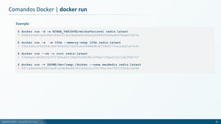 André Justi - andrejusti.com
Comandos Docker | docker run
30
$ docker run -d -e MINHA_VARIAVEL=minhaVariavel redis:latest
> 840bf6fa81cb026d15fd2c514e25bd5d2b36bea6f98650428adfd786eb559f3a
$ docker run -d -m 100m --memory-swap 120m redis:latest
> 01bf438ccf92043c3b67bfe06215b05ce6f898dd83d73465279ca3cbd7a97e61
$ docker run --rm -u root redis:latest
> 27b6da614858f24c9757b8a4f27d4d3526809b1592be725ba251b71d23960727
$ docker run -v $HOME/dev/temp:/docker --name meuRedis redis:latest
> 0471a8bd44ef5833ae81a5de8b6863451b5a1bc1047d5a34e7003720a4c34068
Exemplo
 